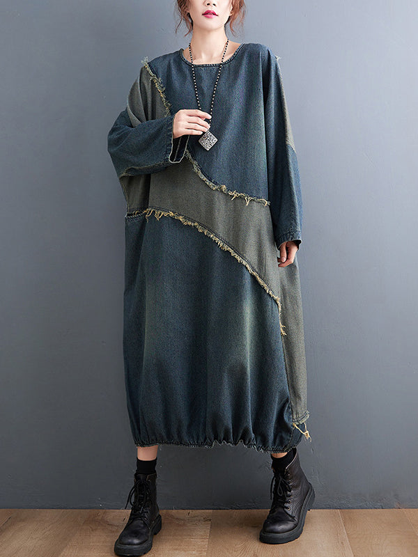 Original Loose Denim Contrast Color Round-neck Long Sleeves Midi Dress
