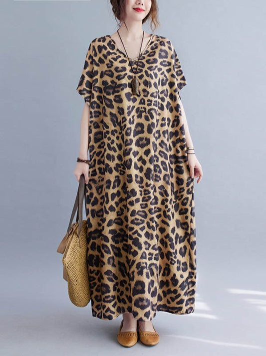 Loose Leopard V-neck Batwing Sleeves Maxi Dress