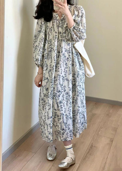 Button Print Tie Waist Cotton Long Dress Summer Qp057