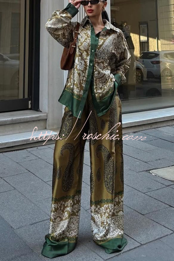 Naya Satin Contrast Color Paisley Long Sleeve Shirt and Elastic Waist Pocketed Pants Set