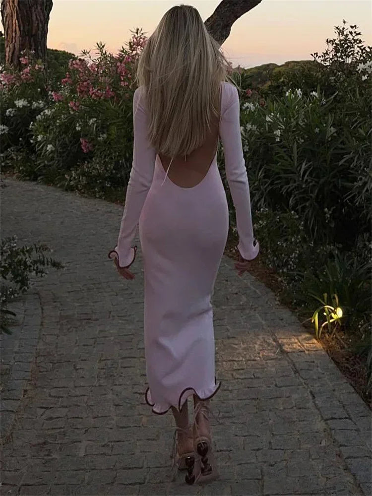 Knit Sweater Ruffled Long Dress Backless Ribbed Long Sleeve Party Dress Female Knitwear Autumn Dress