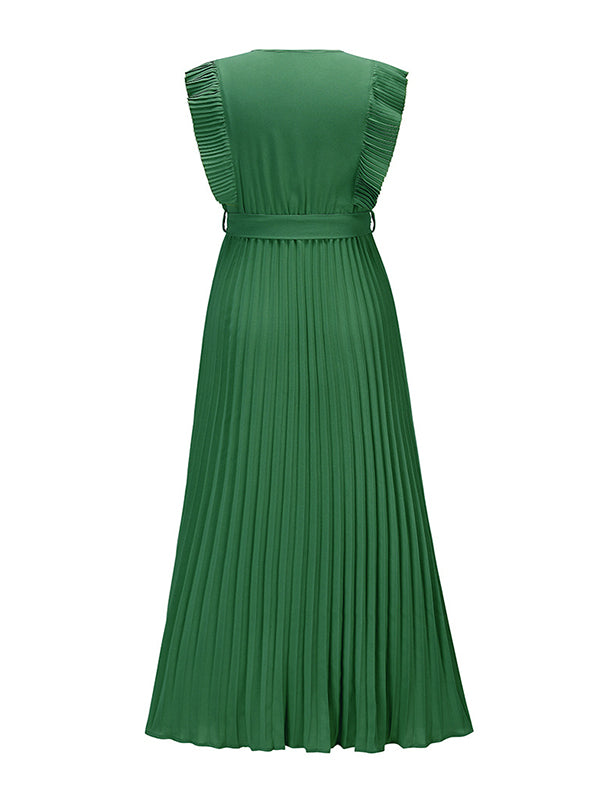 Loose Sleeveless Pleated Color Split-joint Tied Waist V-neck Maxi Dresses