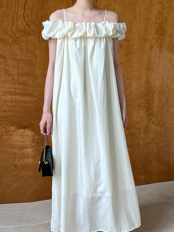 Loose Sleeveless Elasticity Pleated Color Split-joint Off-the-shoulder Maxi Dresses