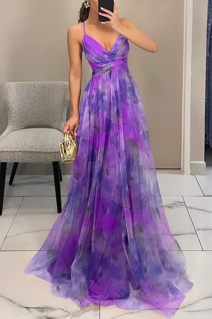Giselle Tulle Render Print Cutout Waist Back Lace-up Maxi Dress