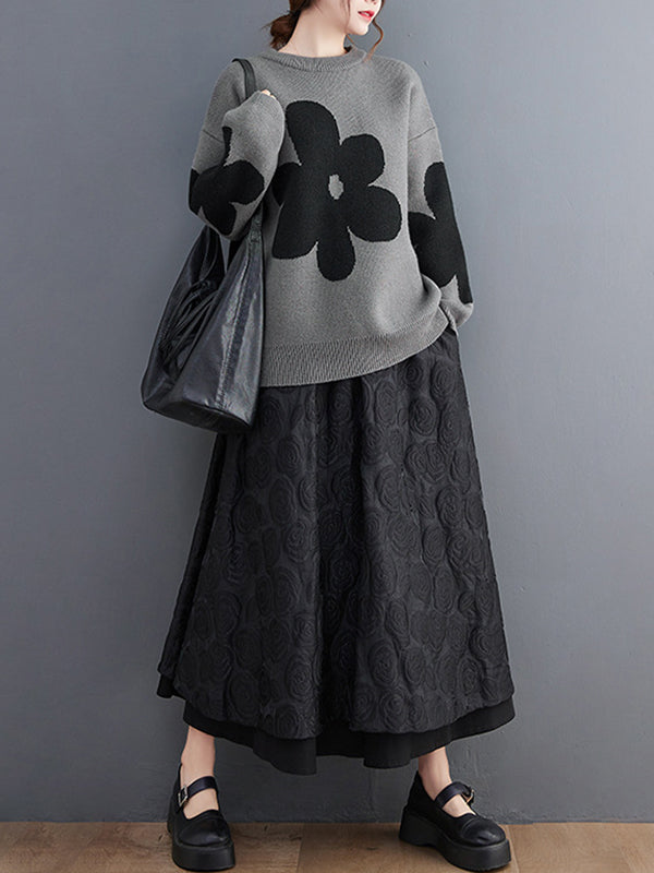 Loose Black Round-neck Contrast Color Flower Long Sleeve Sweater An1070