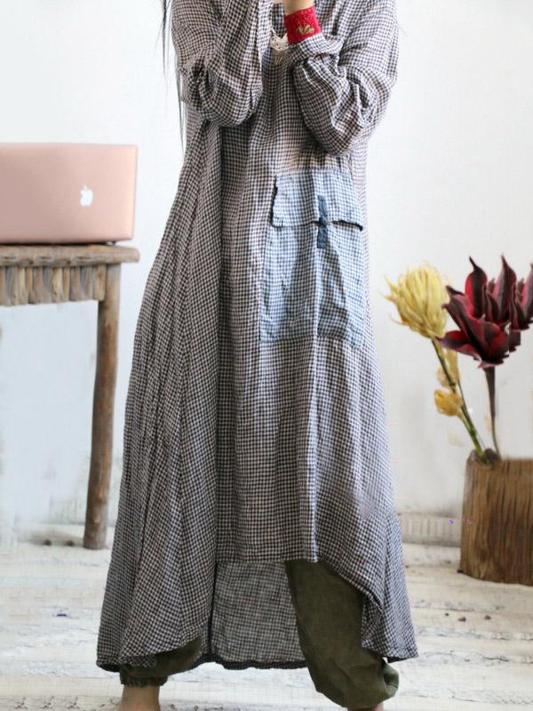 Loose Linen Plaid Round-neck Long Dress