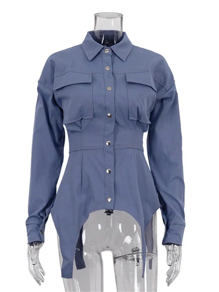 Lapel Patchwork Shirts for Slim Long Sleeve Pocket High Waist Autumn Cardigan Shirts
