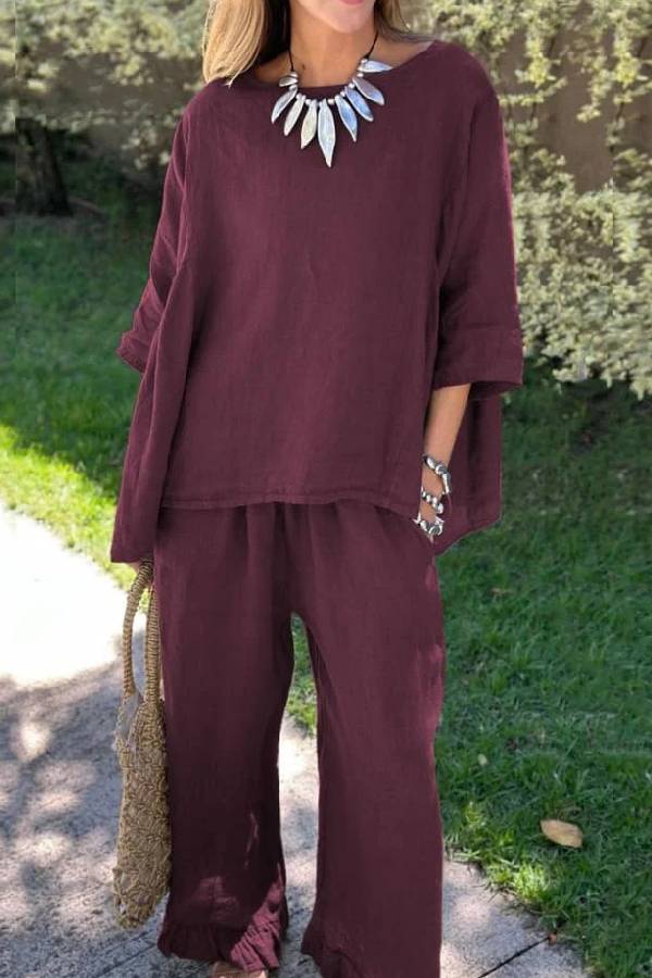 Color Loose Top \u0026 Pants Cotton Linen Two-piece Set
