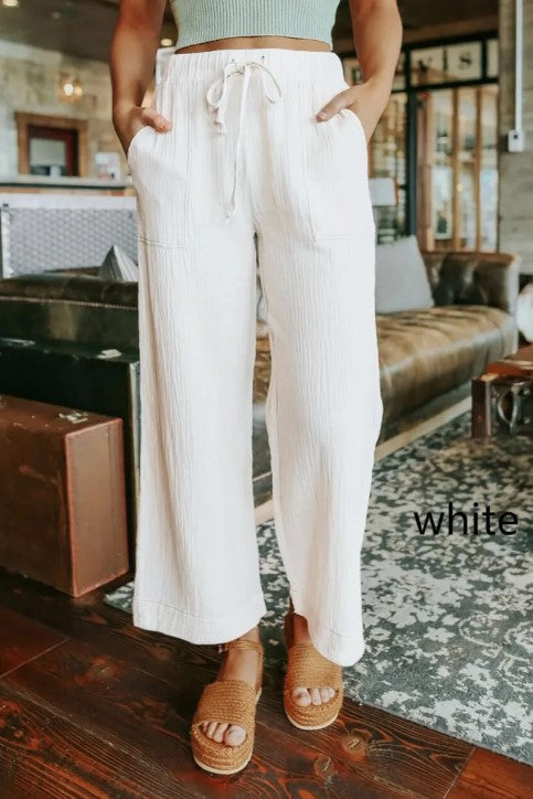 Elastic Waist Tie Wide Leg Pants