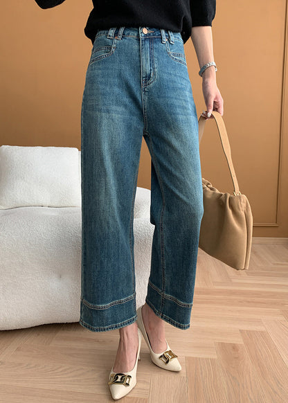 Modern Blue Pockets High Waist Denim Crop Pants Fall Af1018