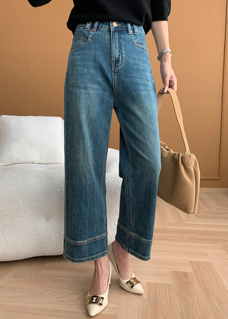 Modern Blue Pockets High Waist Denim Crop Pants Fall Af1018