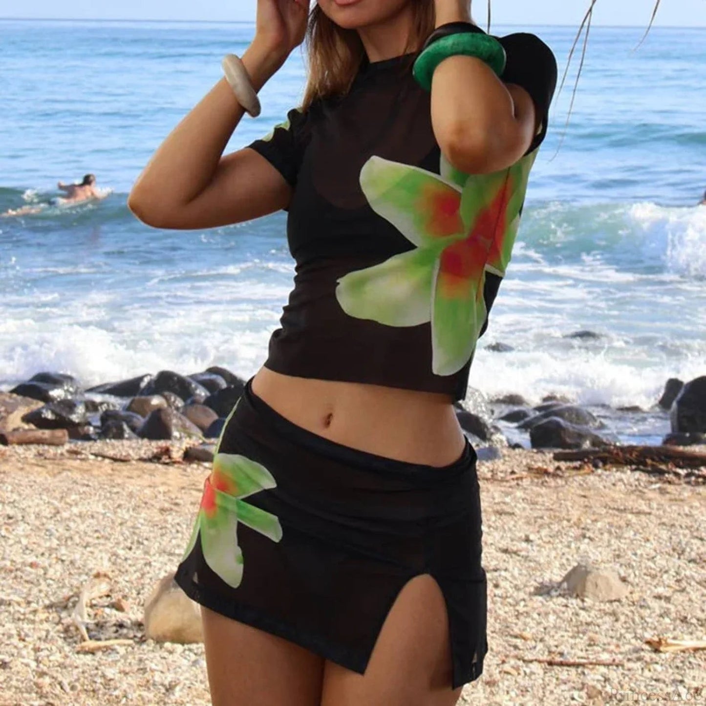 Beach Holiday 2 Piece Print Sheer Mesh Short Sleeve T-shirt + Mini A-line Skirt Summer Cover-ups Crop Tops Outfits