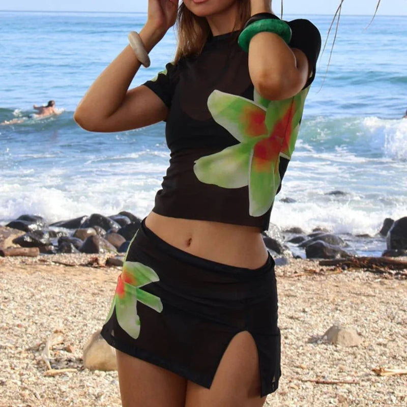 Beach Holiday 2 Piece Print Sheer Mesh Short Sleeve T-shirt + Mini A-line Skirt Summer Cover-ups Crop Tops Outfits
