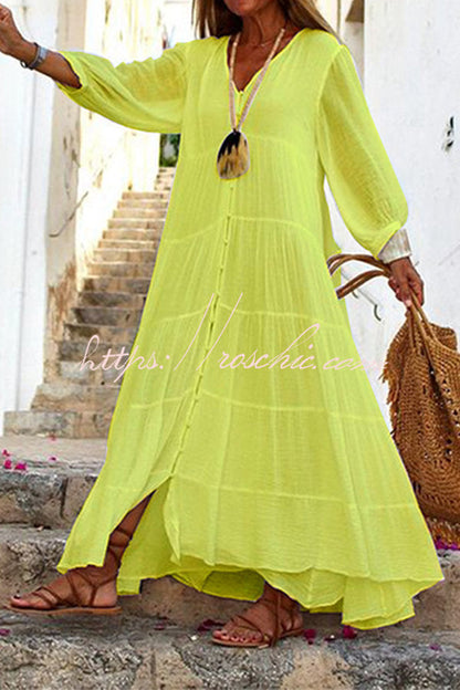 Seraphina Cotton Linen Blend Button Up Tiered Maxi Dress
