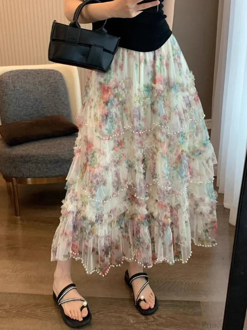 Beading Asymmetrical Mesh Tulle Skirt