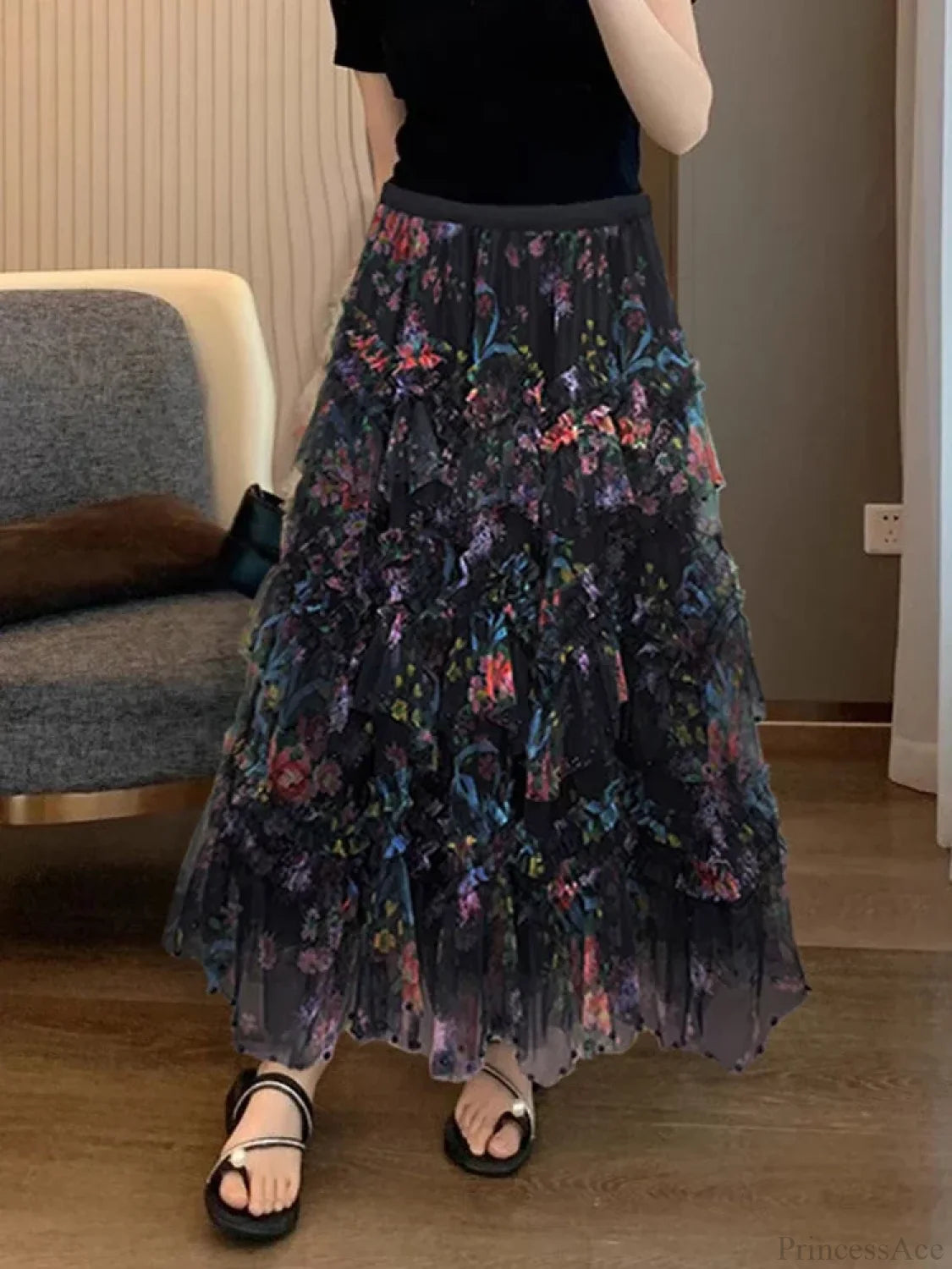 Beading Asymmetrical Mesh Tulle Skirt