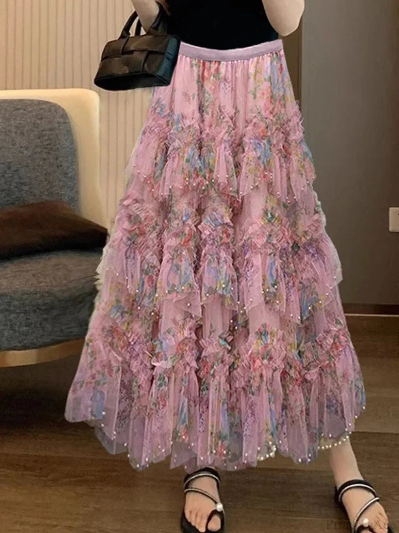 Beading Asymmetrical Mesh Tulle Skirt