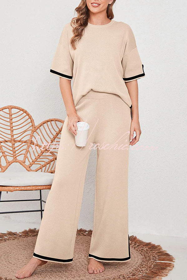 Lounge or Wear Knit Patchwork Color Block Short Sleeve Top and Elastic Wide Leg Pants
