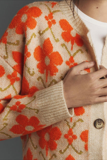 Jacquard Button Long Sleeve Knit Cardigan