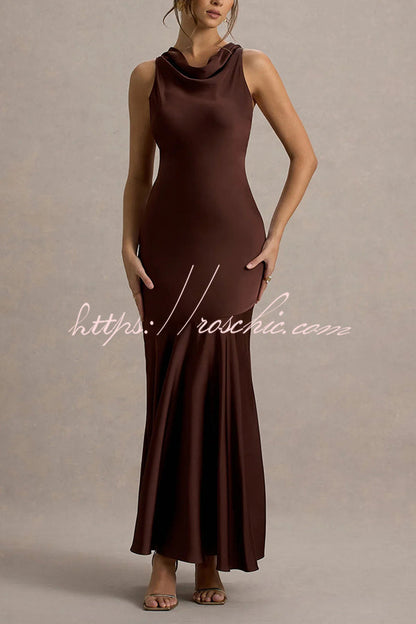 Timeless Sophistication Satin Cowl Detail Back Self-tie Halter Neck Maxi Dress