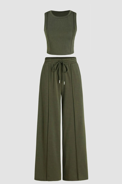 Jungle Green Cropped Tank Top and Wide Leg Pants Set