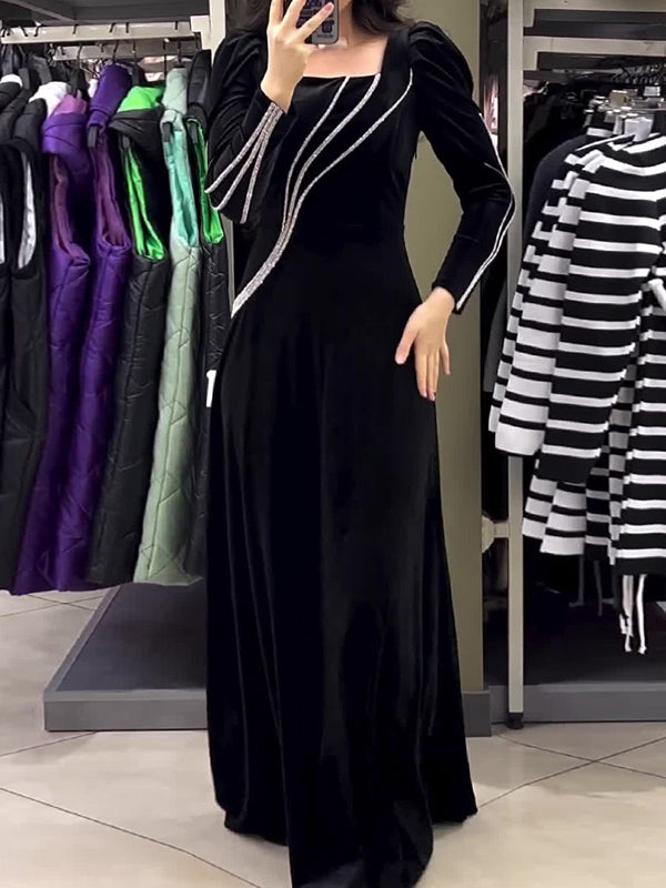 Color Tied Waist A-line Sequined Long Sleeves Maxi Dresses