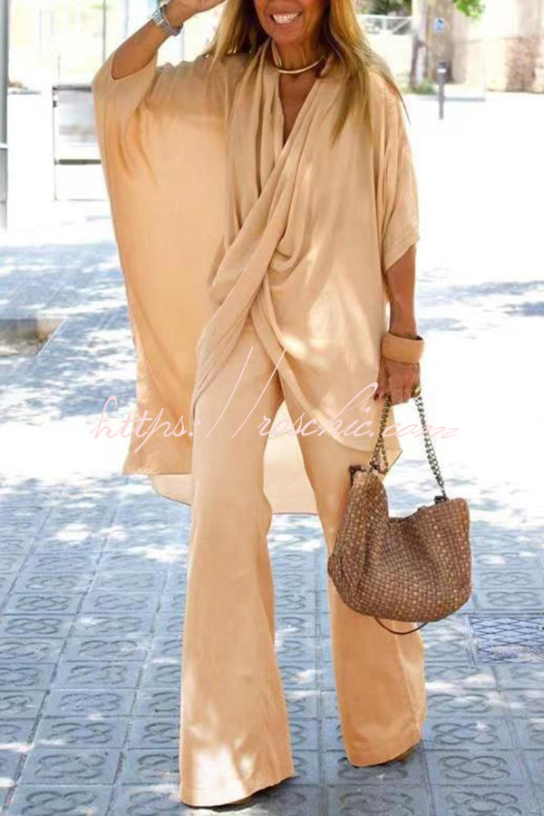 V Neck Trumpet Sleeve Top and Pants Two Piece Set