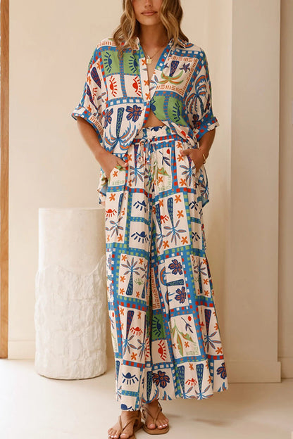 Unique Print Lapel Short Sleeve Loose Shirt and Elastic Waist Pocket Wide Leg Pants Set