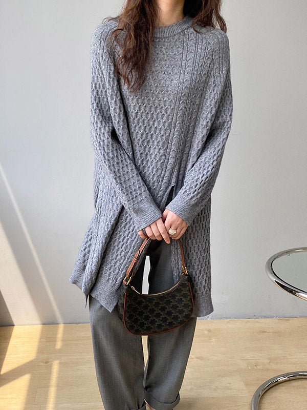 Retro Oatmeal Round-neck Split-side Long Sleeve Twist Knit Sweater An1045
