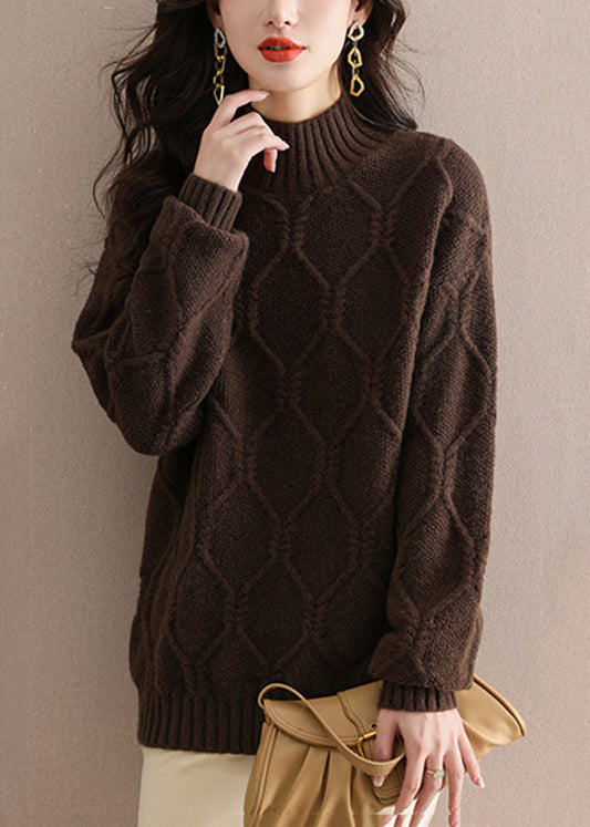 Coffee Turtleneck Cotton Knit Sweaters Winter Wd040