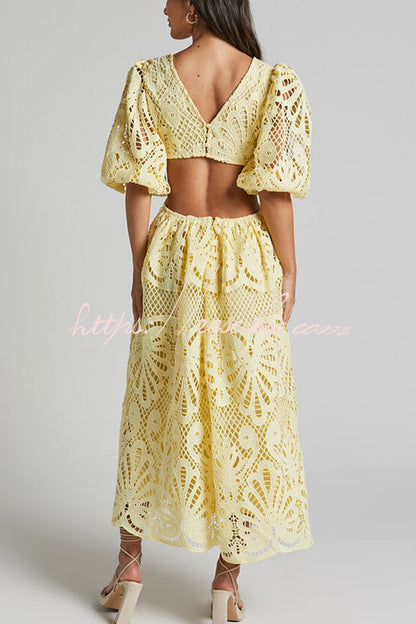 Color V Neck Hollow Lace Waistless Maxi Dress