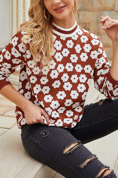 Mock Neck Print Knitted Sweater Color Block Light Weight Sweater