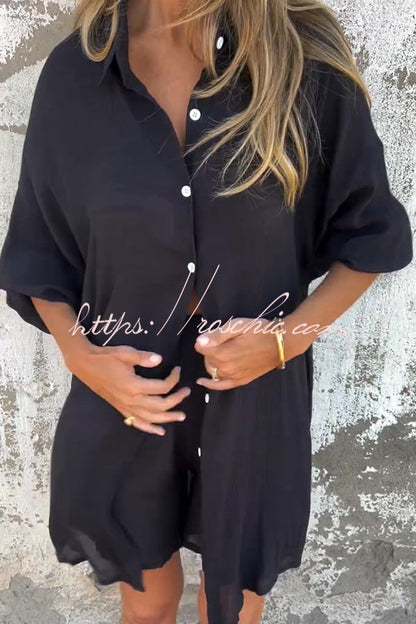 Color Lapel Long Shirt and Elastic Waist Loose Pocket Shorts Set