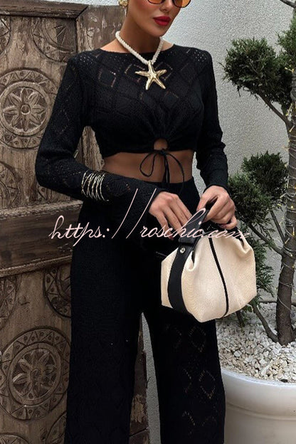 Color Hollow Short Long-sleeved Top and Stretch Wide-leg Pants Knitted Set