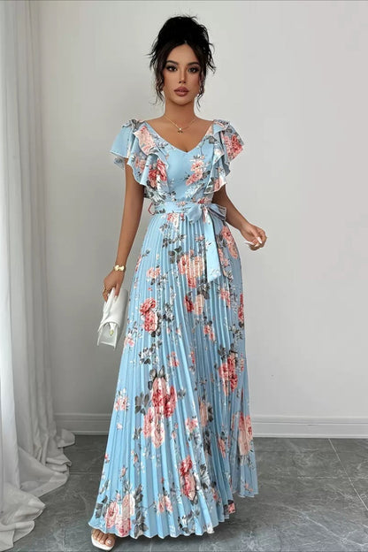 Print Ruffle Sleeve V Neck Pleated Maxi Dress