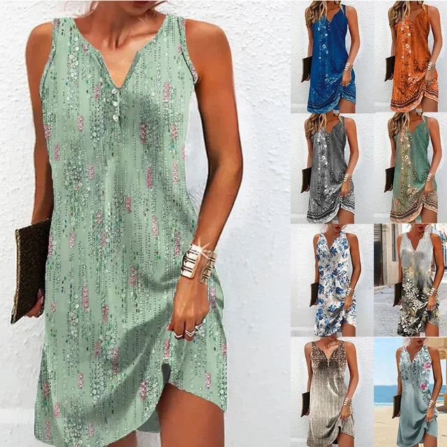 Flower Print Mini Dresses Summer New V-neck A-line Sleeveless Dress Vestido Lady Commuting Clothing