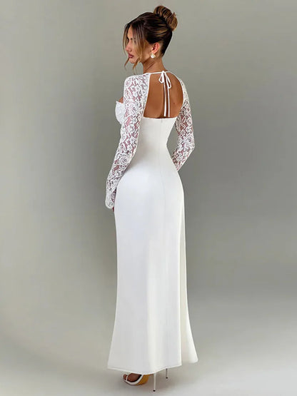 Lace Long Sleeve Maxi Dress Autumn New Square Collar Backless Lace-up High Split Club Party Long Dress
