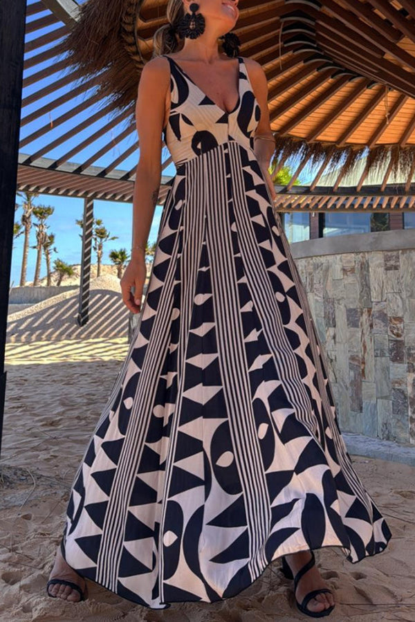 Sabine Geometric Print V-neck Back Smocked A-line Maxi Dress