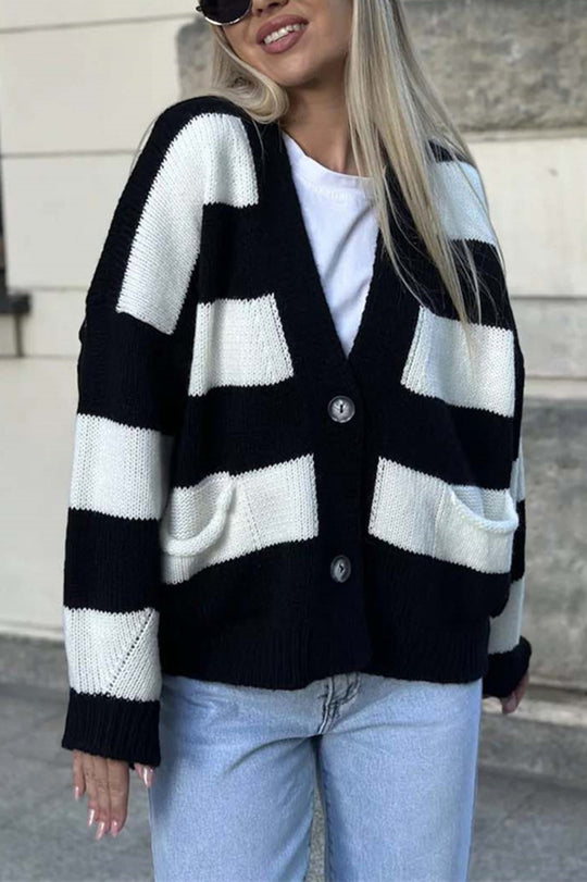V-neck Long-sleeved Striped Pocket Knitted Cardigan