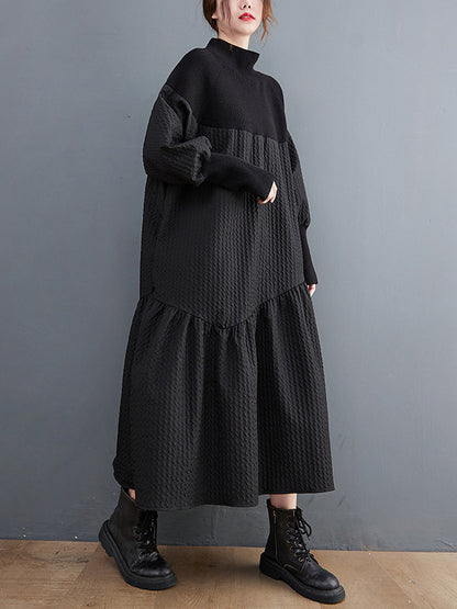 Long Sleeves Loose Split-joint Jacquard High-neck Sweater Dresses
