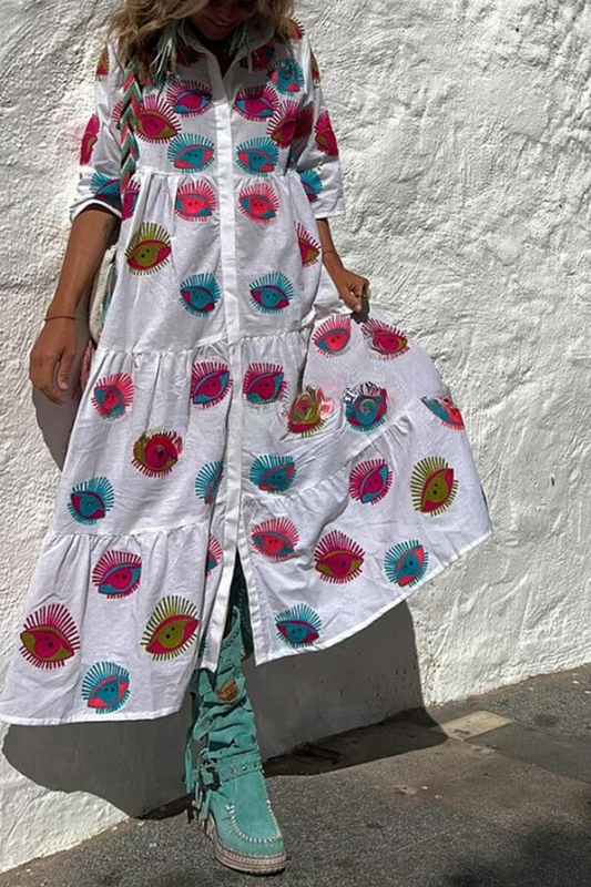 Take Me to Cabo Unique Print Button Loose Shirt Midi Dress
