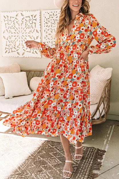 Print Loose Long Sleeve Midi Dress