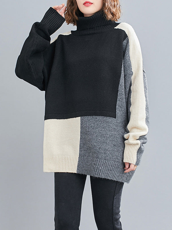 Stylish Grey High-neck Color-block Long Sleeve Knit Sweater An1043