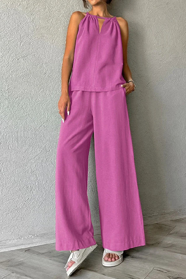 Cotton and Linen Cut-out Lace-up Vest \u0026 Wide-leg Pants Two-piece Set