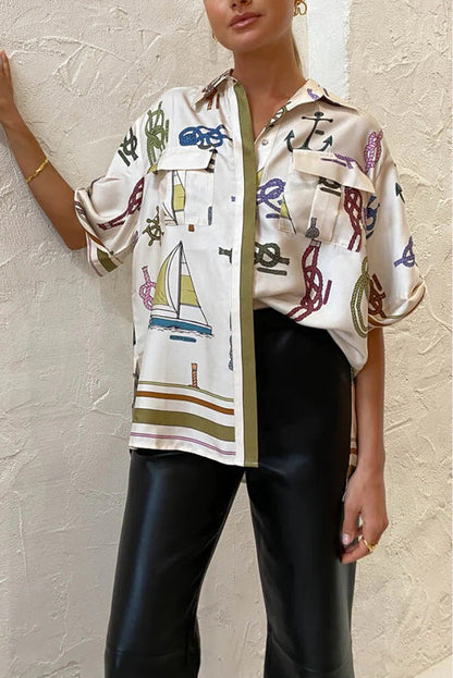 Sail Away Satin Unique Nautical Motifs Print Button Down Pocket Oversized Blouse