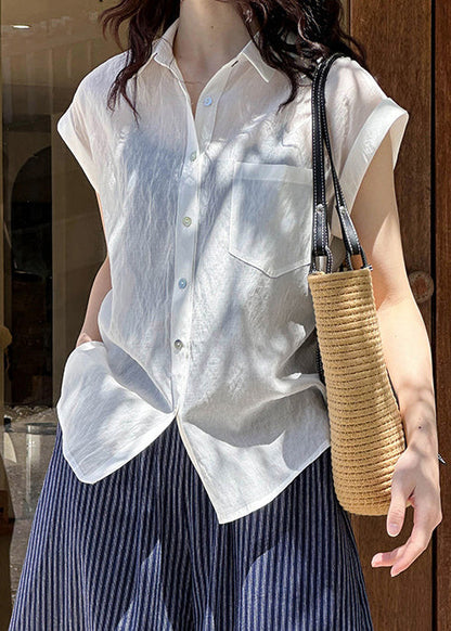 White Pockets Silk Cotton Blouses Peter Pan Collar Short Sleeve Af1003