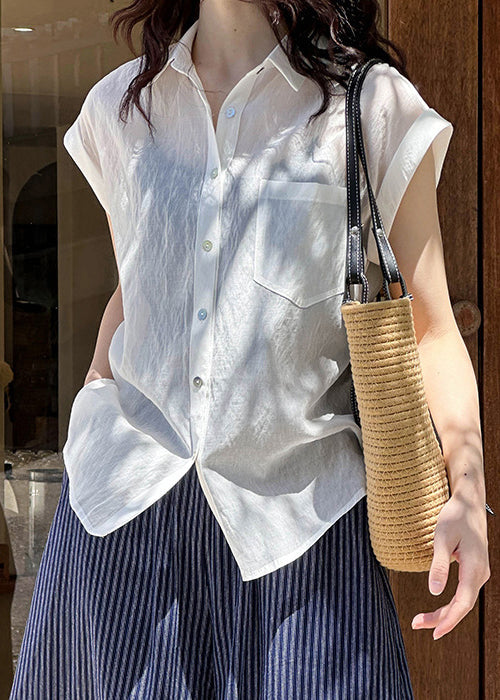 White Pockets Silk Cotton Blouses Peter Pan Collar Short Sleeve Af1003
