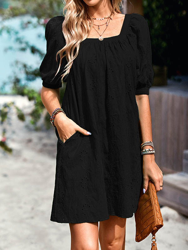 Loose Puff Sleeves Jacquard Color Square-neck Mini Dresses