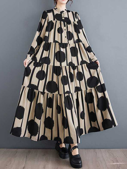 A-line Long Sleeves Buttoned Pleated Polka-dot Split-joint Stand Collar Maxi Dresses Shirt Dress