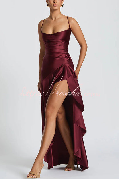 Color Backless Lace-up Irregular Ruffled Maxi Dress